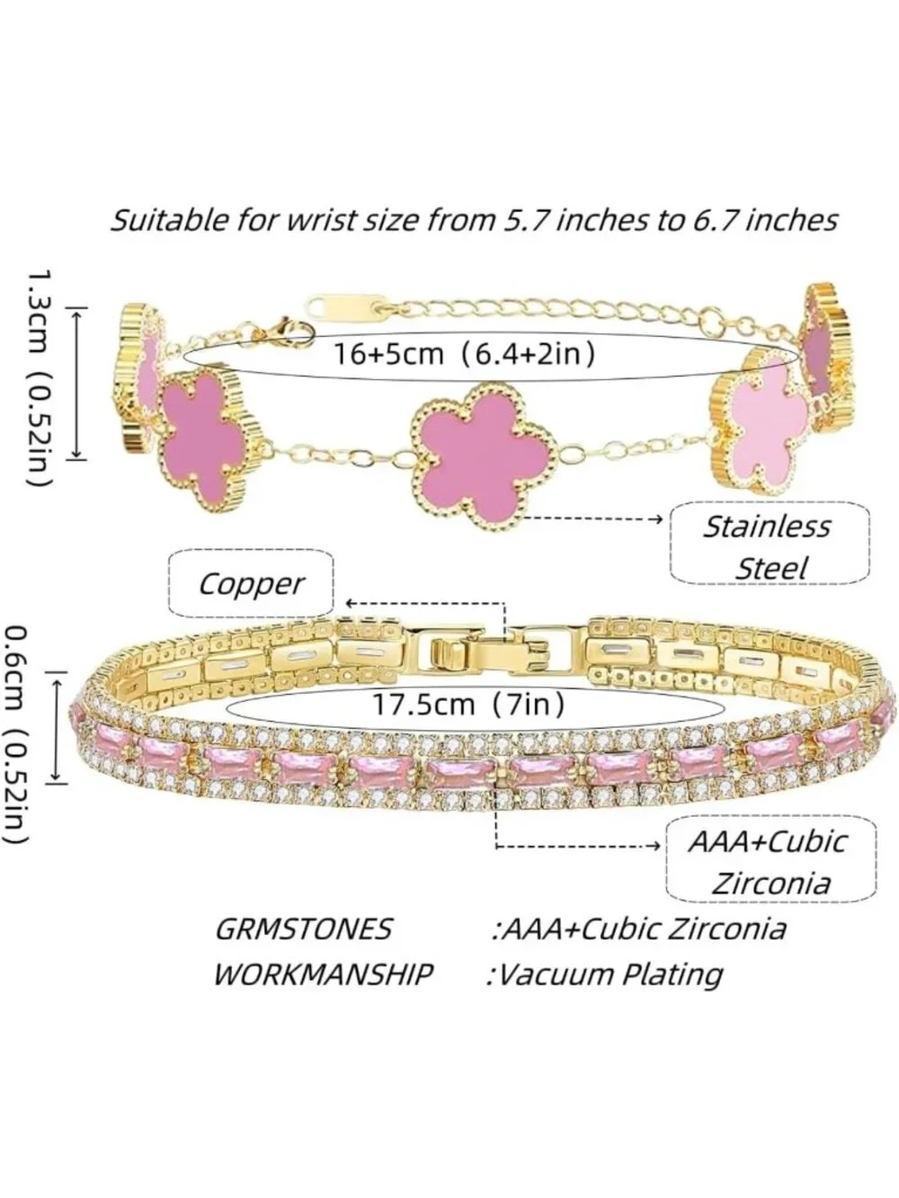 Multicolored CZ Tennis & Flower Bracelet Set - 2Pcs Women's Stacked Jewelry